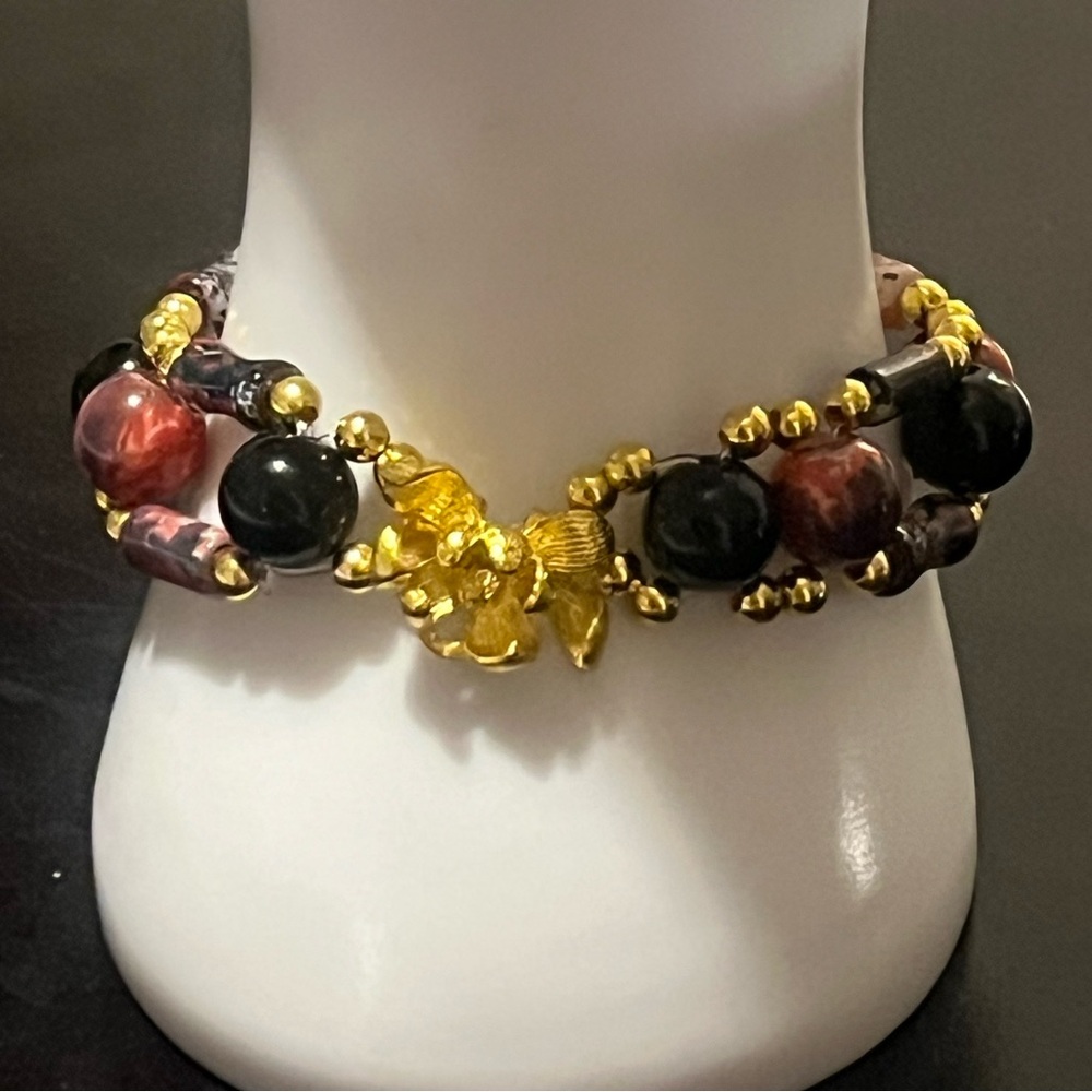 Red & Black Marble Glass Bead Bracelets with Gold Accents
